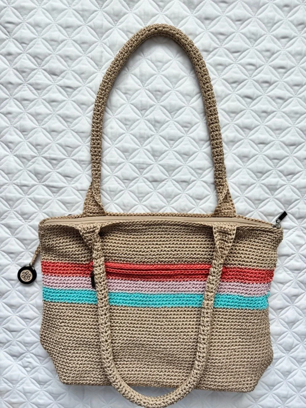 The Sak Crochet Shoulder Tote Bag Purse Zip Top Tan Coral Blue Pink Stripes